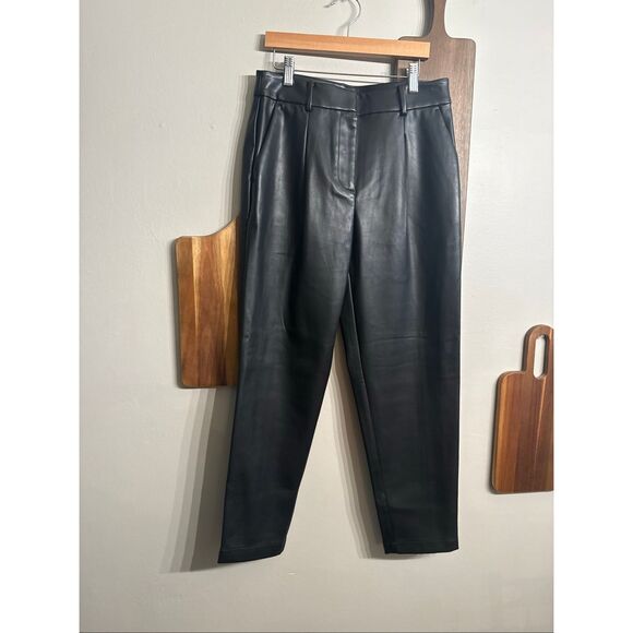 LOFT Black Faux Leather Pleated Front Slim Tapered Ankle Trouser Pants Size 0 - Picture 1 of 5
